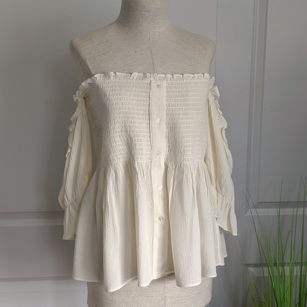 1. State Off The Shoulder Smock Bodice 3/4 Sleeve Bell Cuff Antique White L NWT - Picture 2 of 8